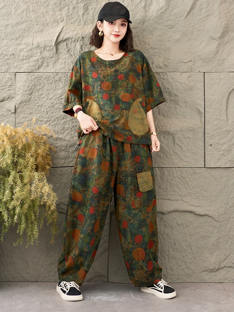Amax LuluE Summer British Outfit Women 2026 Loose Printed 2 Pieces Sets Vintage Top O Neck Tshirts Casual Trousers Classic Pants