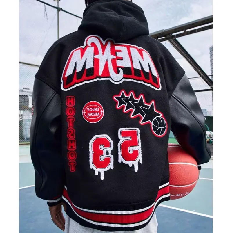 Bomber Jacket Men Women Flocking Hip Hop Loose Casual Patchwork Coat Unisex Embroidery High Street Varsity Baseball Outwear 2023 view 4