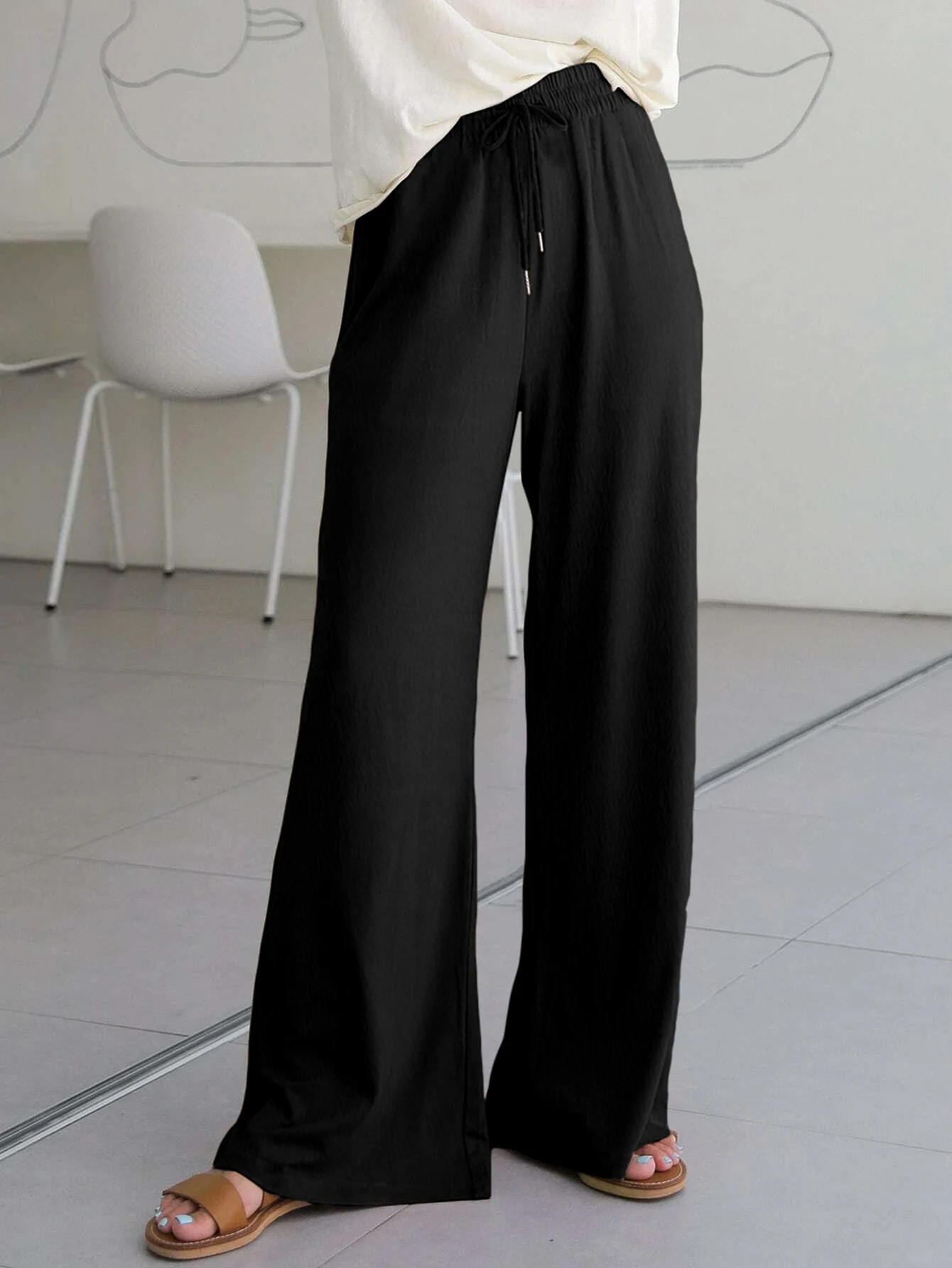 Women Fashion Elastic Waist Wide Leg Long Trousers Casual Solid Color Loose Female Elegant All Match Pants New