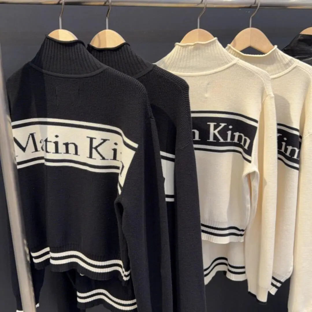 Matin Kim Logo Knit Zip Up Vest Stripe Jacquard Stand Collar Couple Unisex Top
