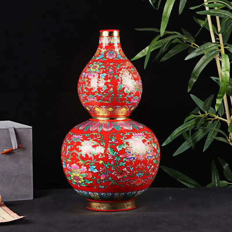 Ceramic Calabash Gourd Vase Chinese Style Floor Vase for Home Decor Living Room Entryway Lucky Prosperity Decoration