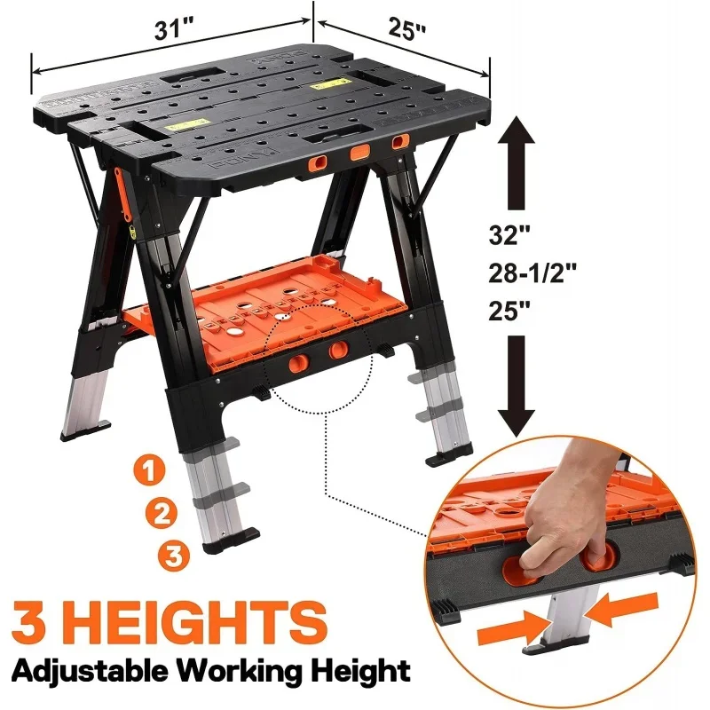 For Pony Portable Folding Work Table, 2-in-1 as Sawhorse & Workbench, Load Capacity 1000 lbs- & 500 -, 31” W×25”