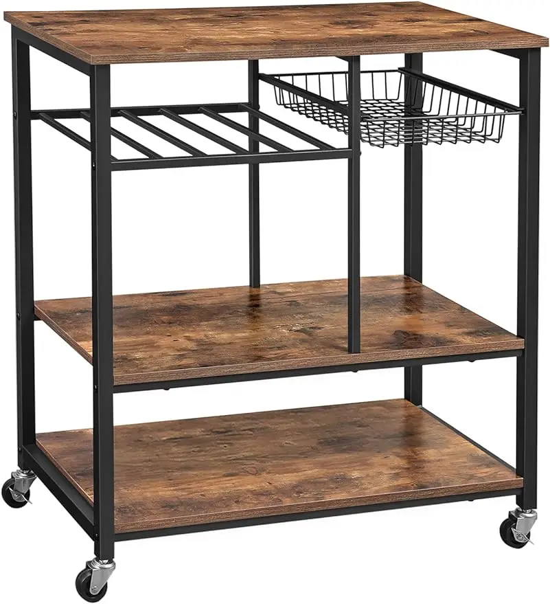 

ALINRU Kitchen Cart, Food Storage Shelf with Metal Mesh Basket, Bottle Holder and Storage Shelves, 15.7 x 31.5 x 34.1 In