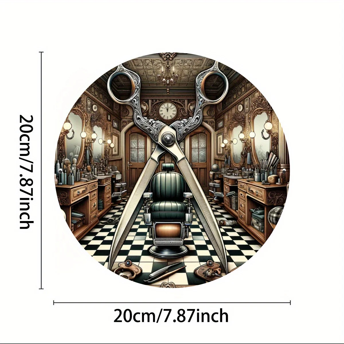 2D Flat, 1pc Barber Shop Wall Decor - Hairdresser-Themed Metal Sign with Scissors, Comb & Barber Pole Design - 8x8 Inch Round Ir