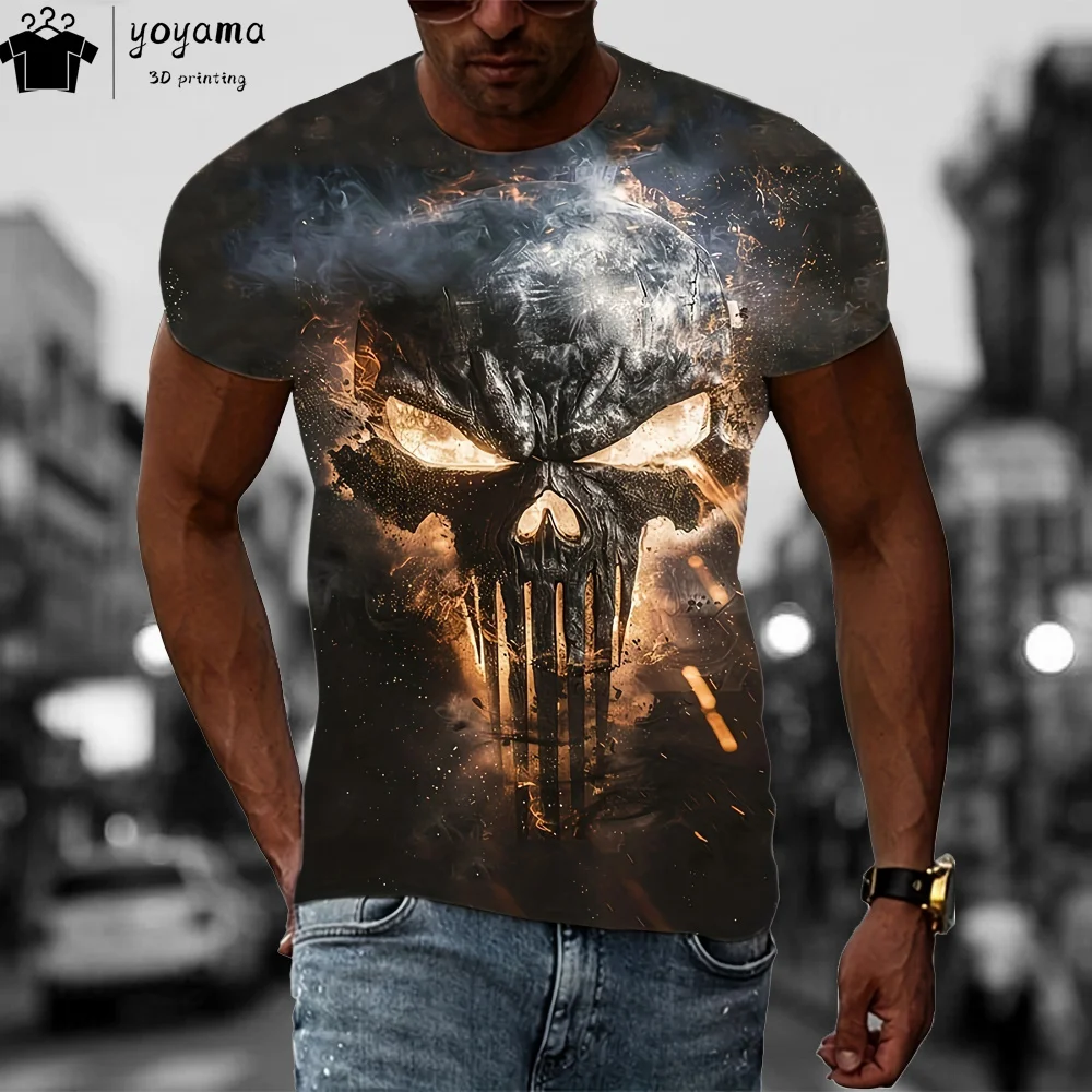 Summer Flaming Skull Print T-shirts for Men Retro Style Mens Clothing Short Sleeve Tee Horror Skull 3D Print Graphic T shirts