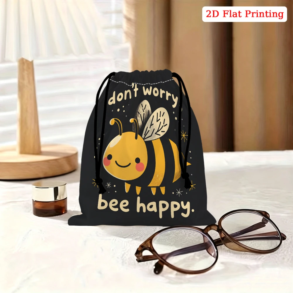 1pc Cartoon Bee Drawstring Bag Black Don T Worry Bee Happy Print Storage Small Pouch For Glasses Cosmetics Travel Organizer Port