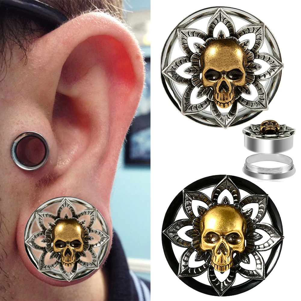 2-1PCS Double Flared Skull Sun Flower Ear Tunnels Plugs Ear Gauges Expander Stretchers Piercing Jewelry Stainless Steel Earrings