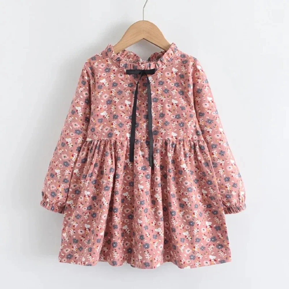

2-8 Years Kids Autumn Long Sleeve Bow Decoration Flower Print Casual Dress 1 Pc Girls Sweet Cute Fashion Clothing
