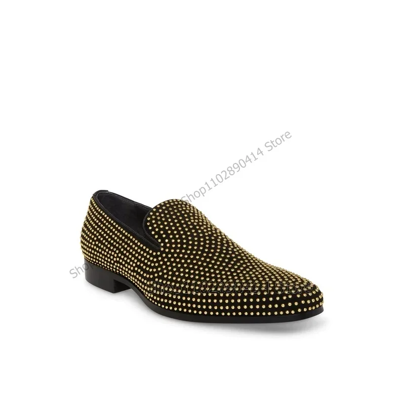 

Gold Rivets Decor Black Square Toe Flock Loafers Fashion Slip On Men Shoes Luxury Handmade Party Banquet Office Men Dress Shoes