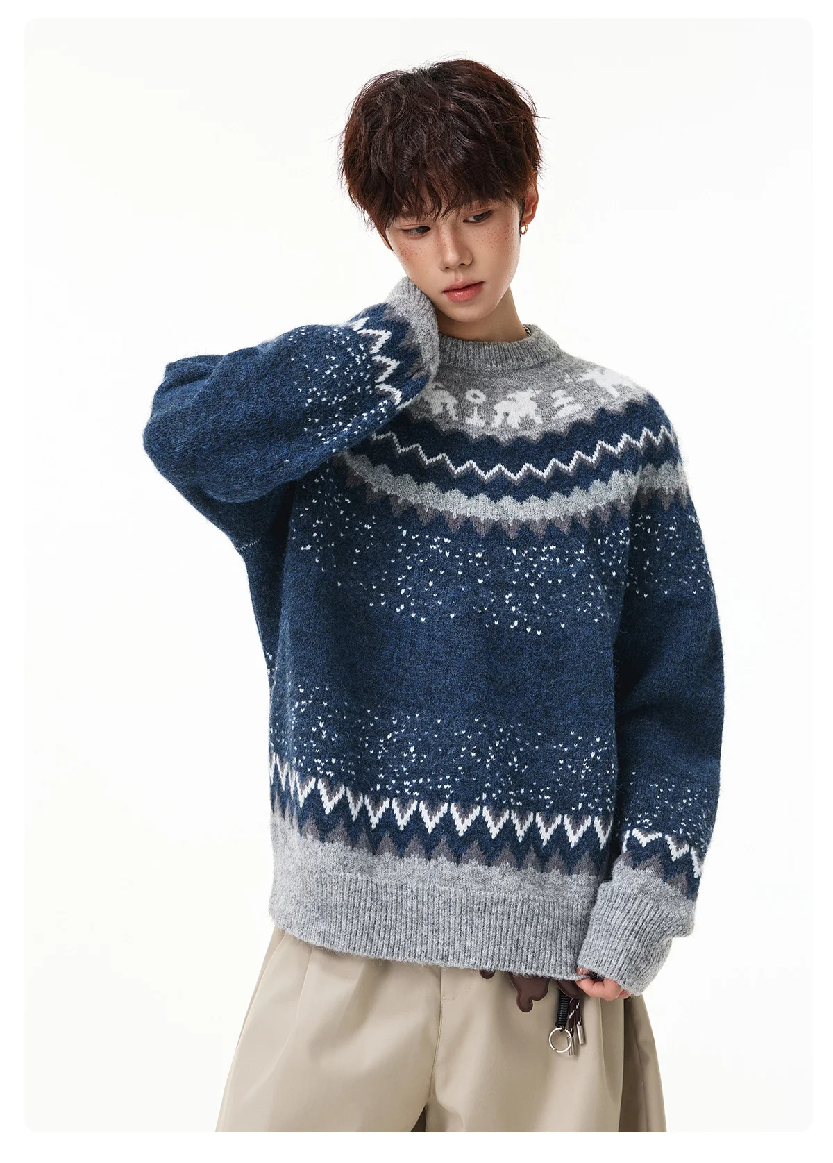 Ethnic-Style Retro Crew-Neck Sweater Men Thick Warm Fair Isle Jacquard Knit Pullover Autumn Winter Soft  Versatile.