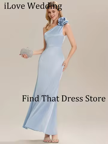 Blue One Shoulder Flowers Sheath Simple Evening Dress Floor Length Backless Bridesmaid Dress for Wedding Customized