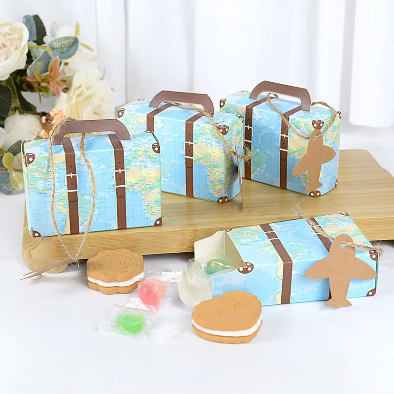 5pcs/10pcs Candy Box Mini Suitcase Packaging Box Cartoon Airplane World Map Travel Candy Box Wedding Party Packaging Supplies