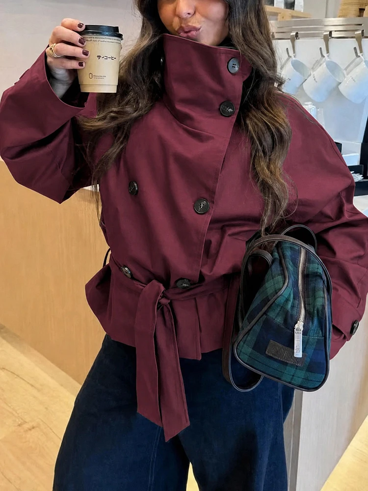 Elegant Double Row Buckle Waist Strap Outwear Temperament Stand Collar Long Sleeve Office Commute Jacket Tredny Solid Loose Coat