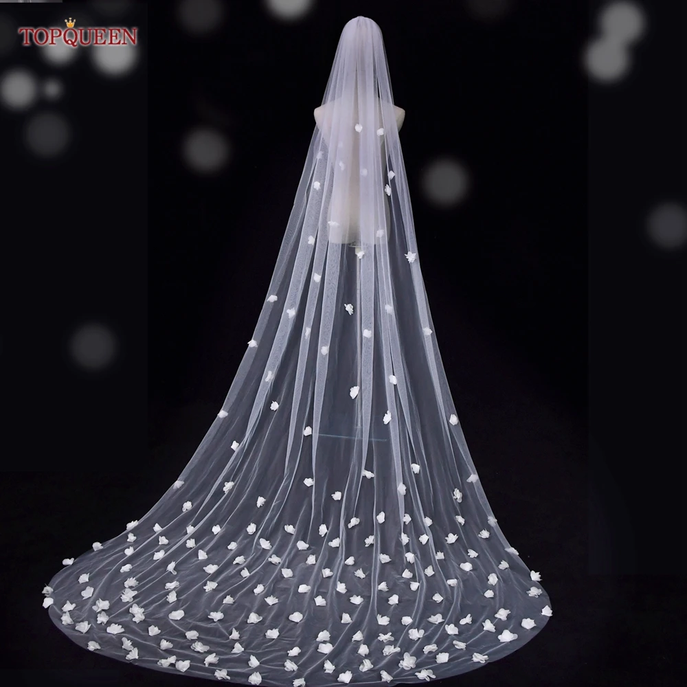 TOPQUEEN V20s 3D Flowers Wedding Veil Luksusowe welony ślubne Wedding Long Veu Bride 5 Meters Cathedral Drop Veil Pure White VEIL