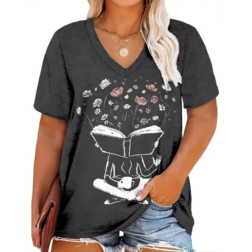 Women's T-Shirts Vintage Music Print Women Clothing T-Shirts For Girls Short Sleeve V-Neck Casual Guitar Print Tops