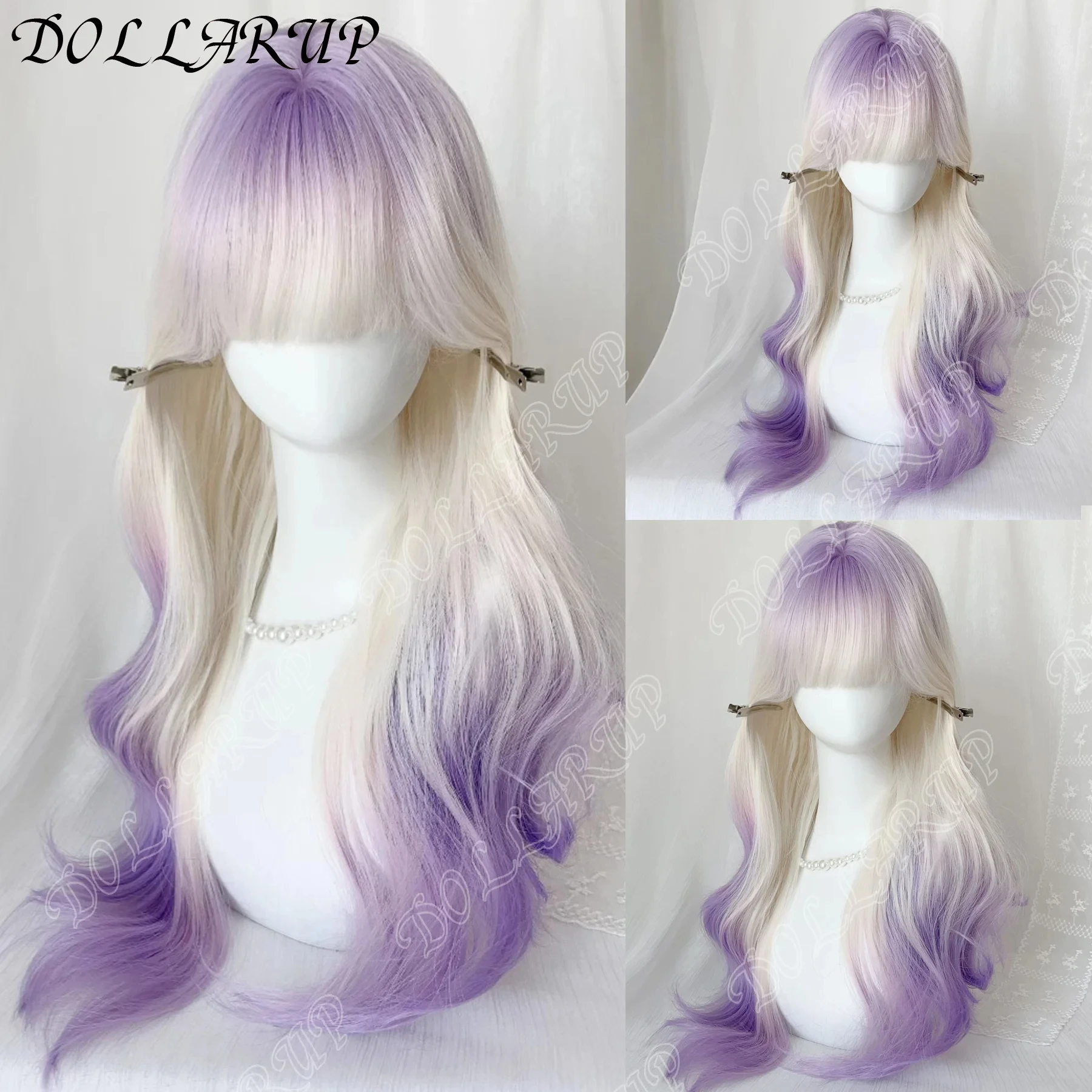 

JKL Synthetic Women Lolita Wavy Curly Milk white gradient violet Color Long Curly Hair Wigs With Bangs Cosplay Hair Wig