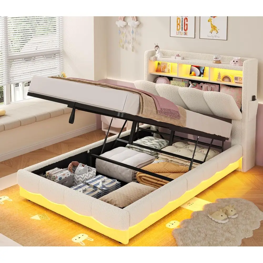 Upgraded Storage Twin Bed Frame with Hydraulic Lift, Beige Boucle Upholstered Platform Bed with LED Lights and Built-in Charging