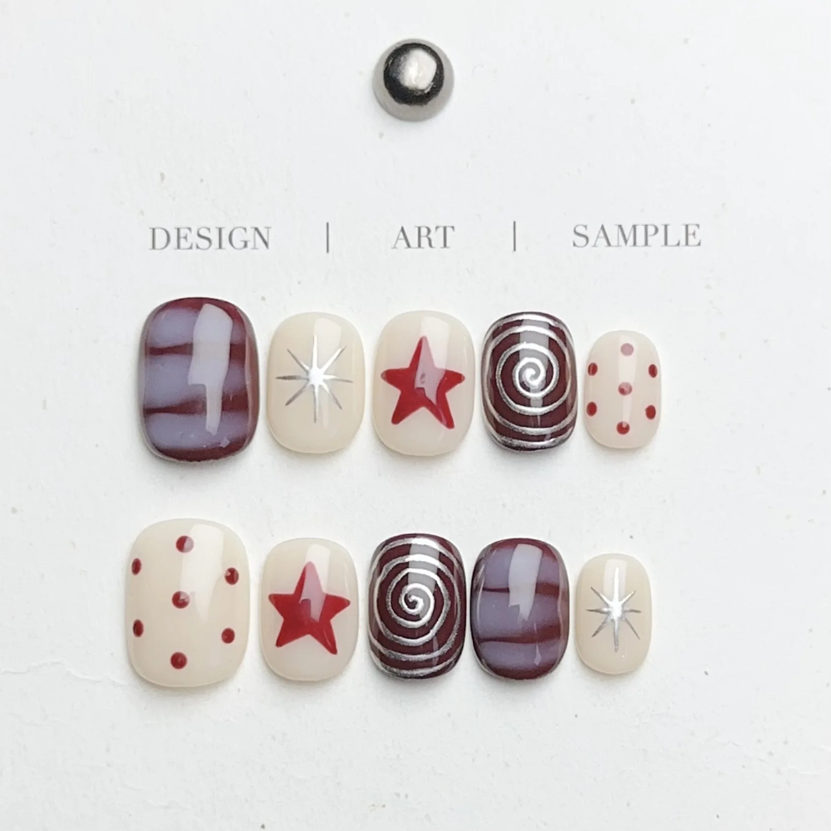 10Pcs Handmade False Nail Tips Spring Pink Polka Dot Star Full Wearable Fake Nail Press on Cat's Eye Short Square Round Nails