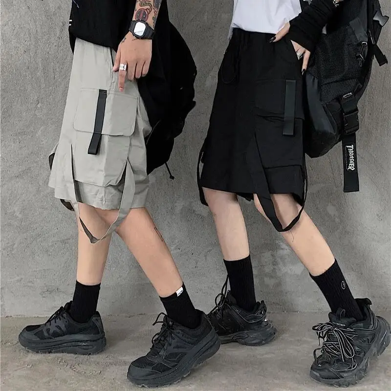 Unisex Cargo Safari Style Shorts Men Ribbon CP Summer Streetwear Knee Length Loose Capris Male Jazz Dance Y2K Ins Vibe Shorts