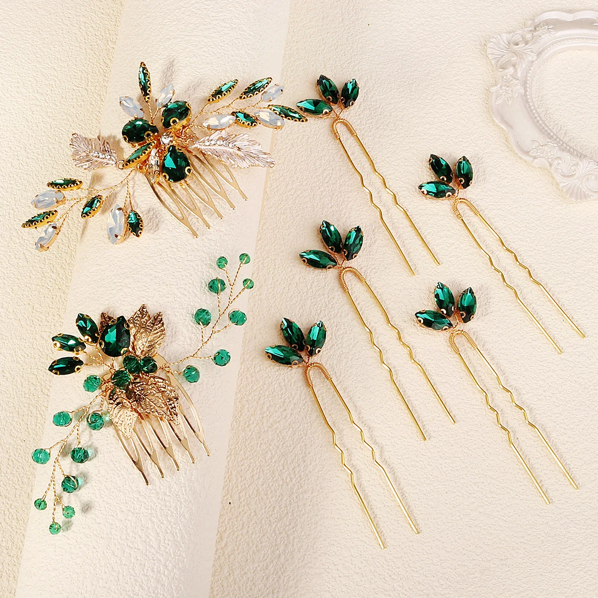 Fashion Green Crystal Sparkling Hair Comb Set Handmade Rhinestone Pearl Hairpin New Year Wedding Headwear Jewelry Accessories