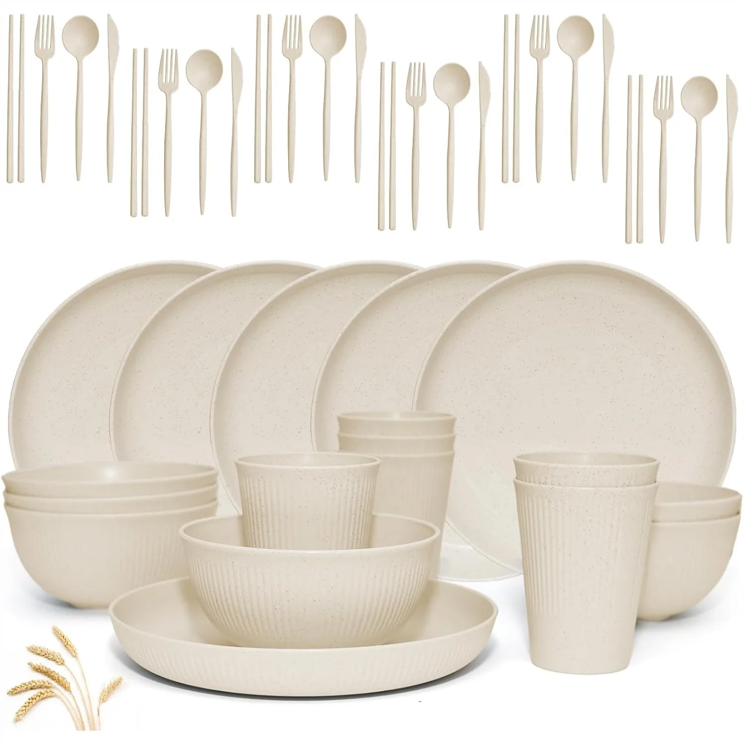 Wheat Straw Dinnerware Sets 42 Piece Unbreakable Plates Bowls Cups for 6, Lightweight Dishwasher Microwave Safe Camping Kitchen