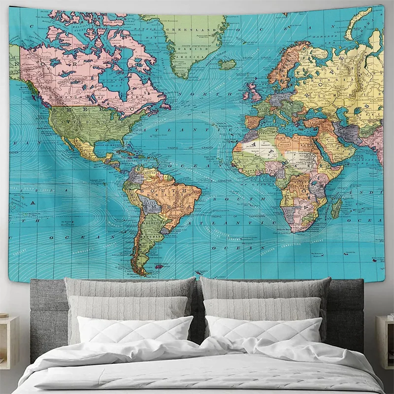 خمر خريطة العالم نسيج الجدار الشنق العتيقة خريطة ديكور السماوية الفن السفر موضوع غرفة نوم الجمالية ديكور المنزل غرفة المعيشة وا #3