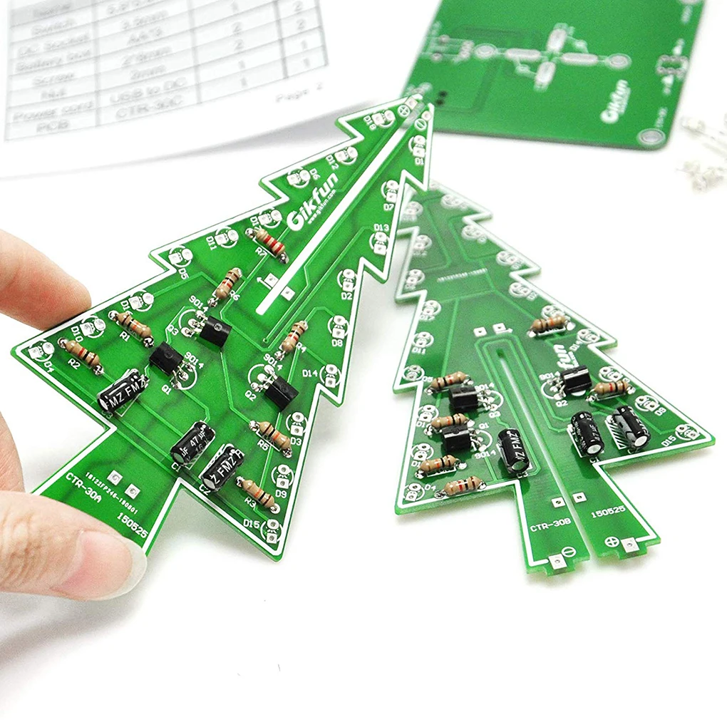 DIY Árvore de Natal LED Flash Kit, Aprendizagem Eletrônica 3D Set, 3 Cores, Vermelho, Verde, Amarelo, LED piscando, Ferramentas PCB solda, Acessórios