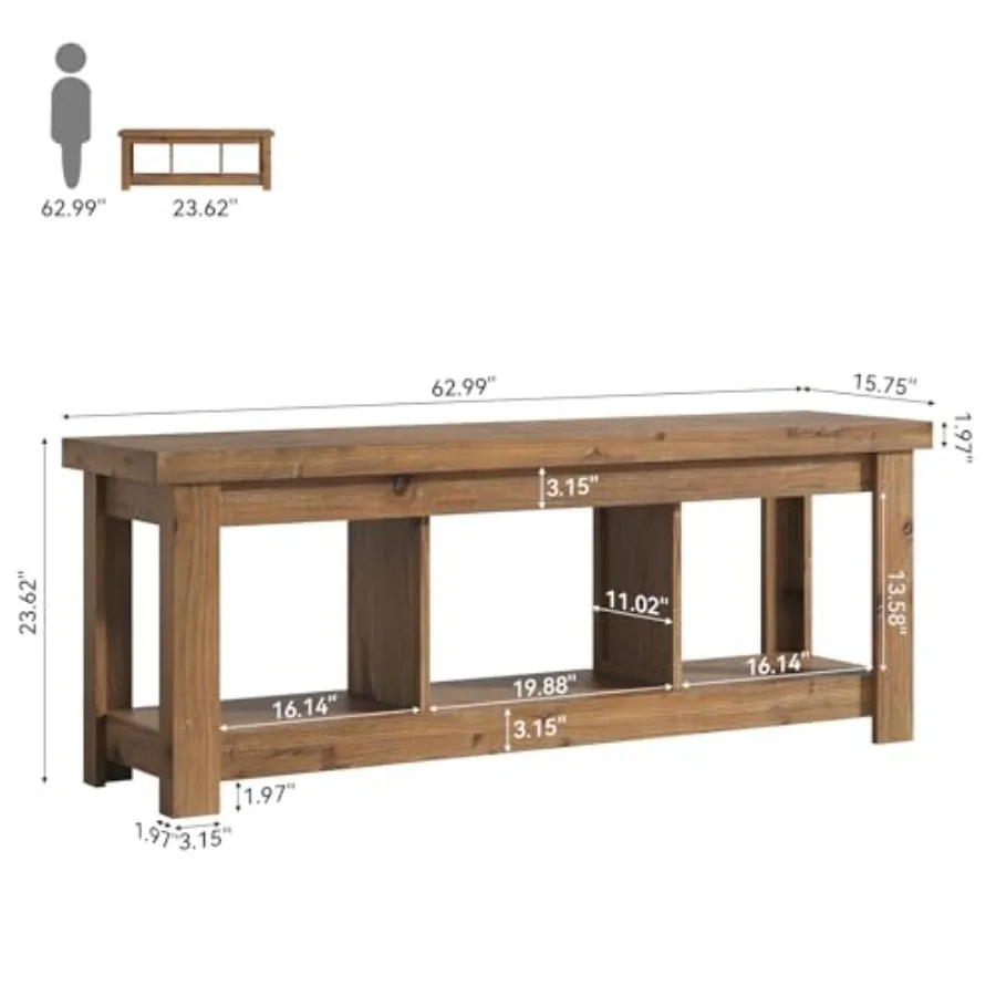 63 Solid Wood TV Stand for 65 inch TVs, Farmhouse Style in Rustic Brown with 3 Open Shelves Durable Entertainment Center for Li