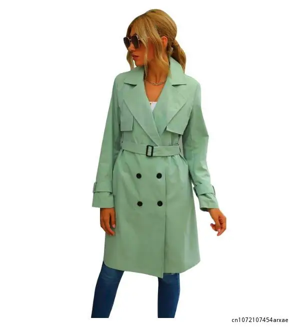 

Autumn Fashion Women Casual Middle Trench Coat Ladies Elagant Long Sleeve Lapel Neck Double Breasted Belted Trench Coat