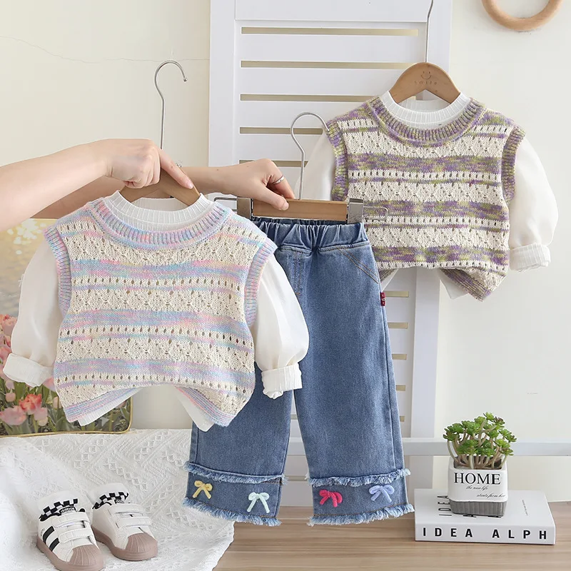 

Girls Clothes Sets Spring Autumn 2025 Children Knitted Vest Shirts Denim Pants 3pcs Fashion Suit For Baby Outfits Kids Tracksuit