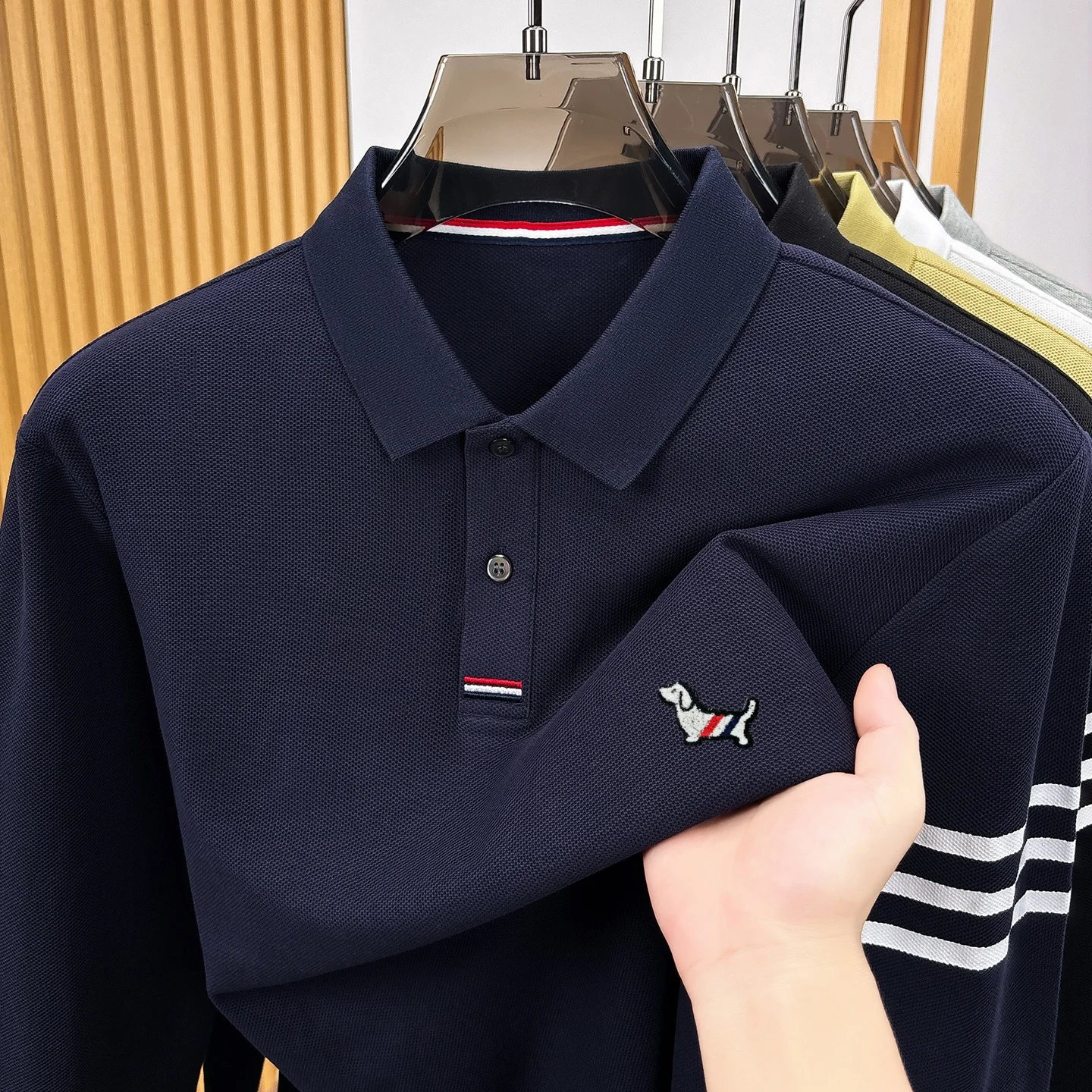 Hochwertige 100% Baumwolle Langärmel Polo Shirt Mode Marke Männer neue Cartoon Welpen Stickerei Komfort Herbst Casual Streifen T-Shirt – Detail 14