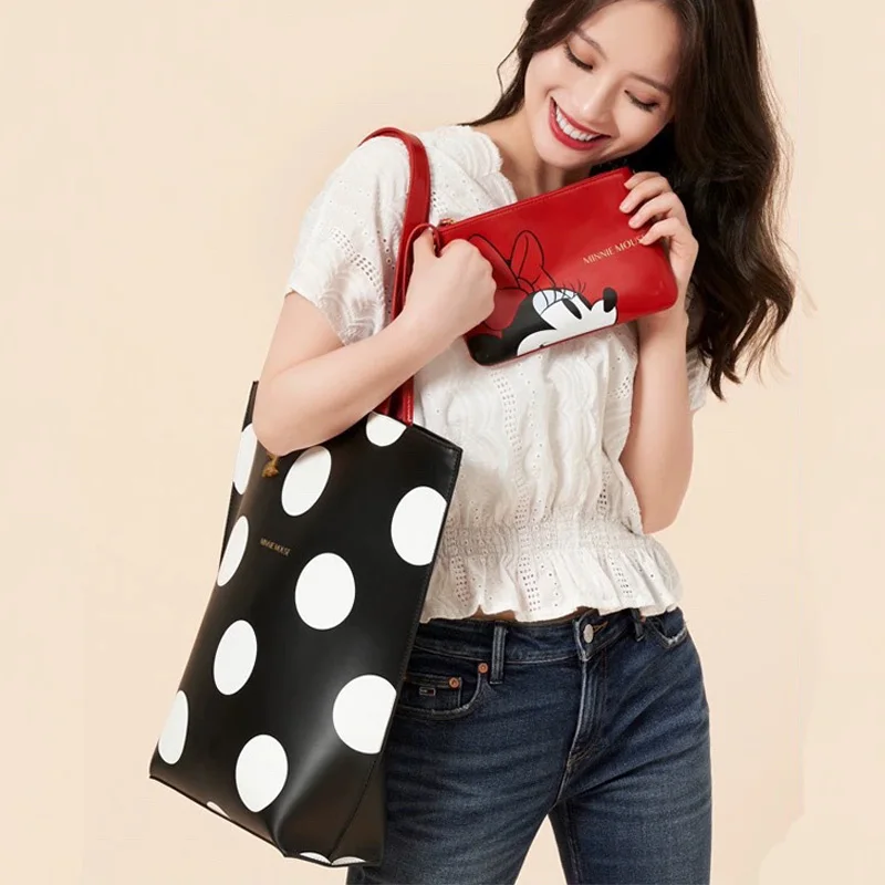 Disney Minnie Mouse Retro A Set Of Two Suitcases Polka Dot Shoulder Bags Ladies Commuter Tote Bag Large Capacity Storage Bag