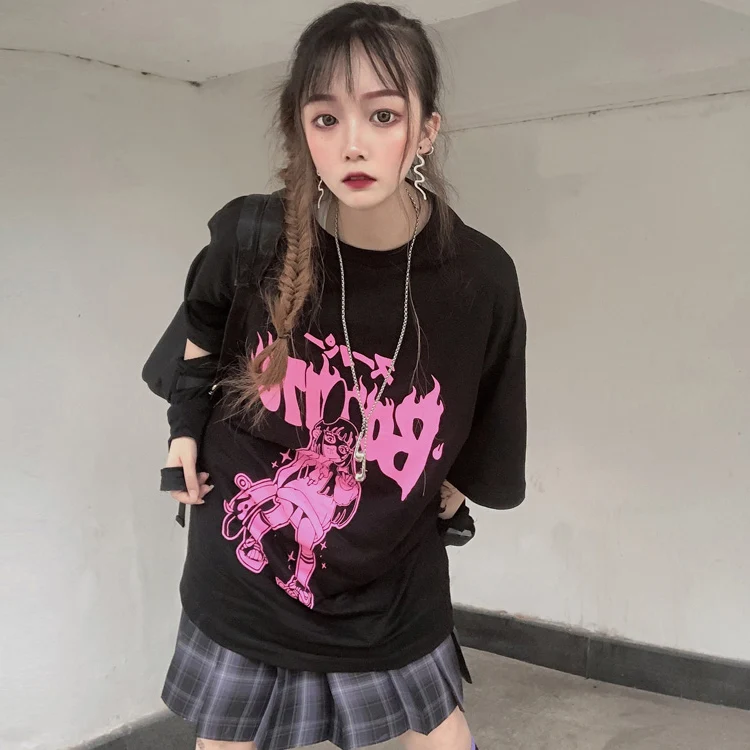 casual summer Anime print fashion fun Harajuku print S-3XL short sleeve women loose top letter T-shirt Gothic punk kpop clothes