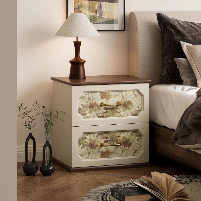 Medieval retro printing drawer bedside table solid wood household bedroom bedside table small objects rack edge few