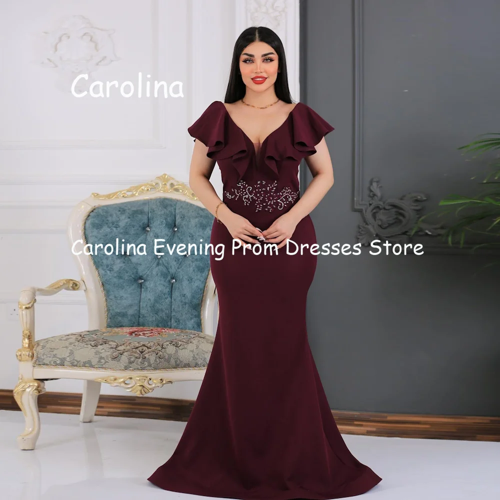 Carolina Satin Mermaid V-neck Ruffle Applique Prom Gown Floor Length Saudi Evening Formal Elegant Party Dress for Women 2023