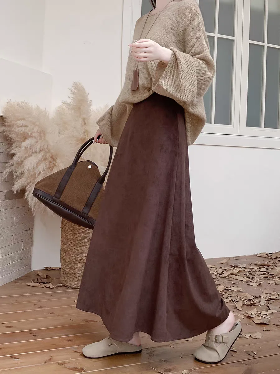 Effortless Elegance: 2025 Faux Suede High Waist A-Line Skirt Women Flowy Maxi Length Skirt with Flared Hem