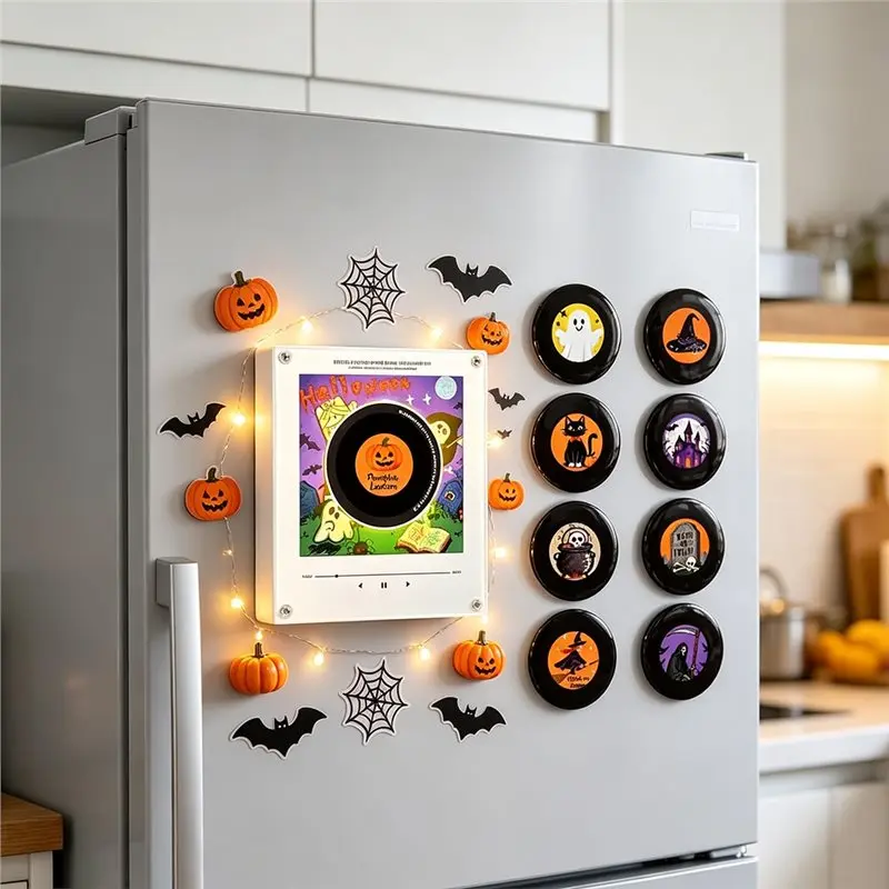Y42A-Halloween Magnetic Music Fridge Magnet Touch To Play Vinyl Record Player Night Light Built-In LED Fridge Magnet