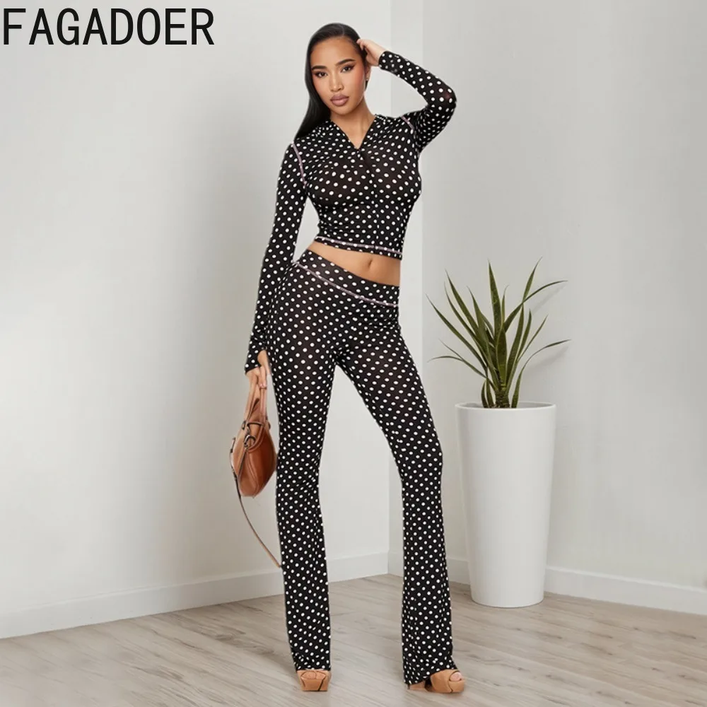 FAGADOER ريترو موضة البولكا نقطة طباعة 2 قطعة مجموعة المرأة طويلة الأكمام مقنعين البريدي سترة السراويل مطابقة الإناث الشارع الشهير جديد