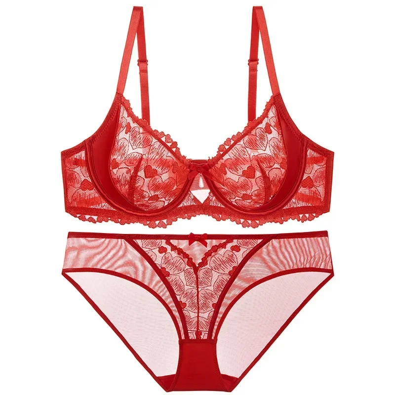 

Women Sexy Lace Bra Set Heart Print See Through Lingerie Ladies Underwear Female Daily Bra and Brief Set