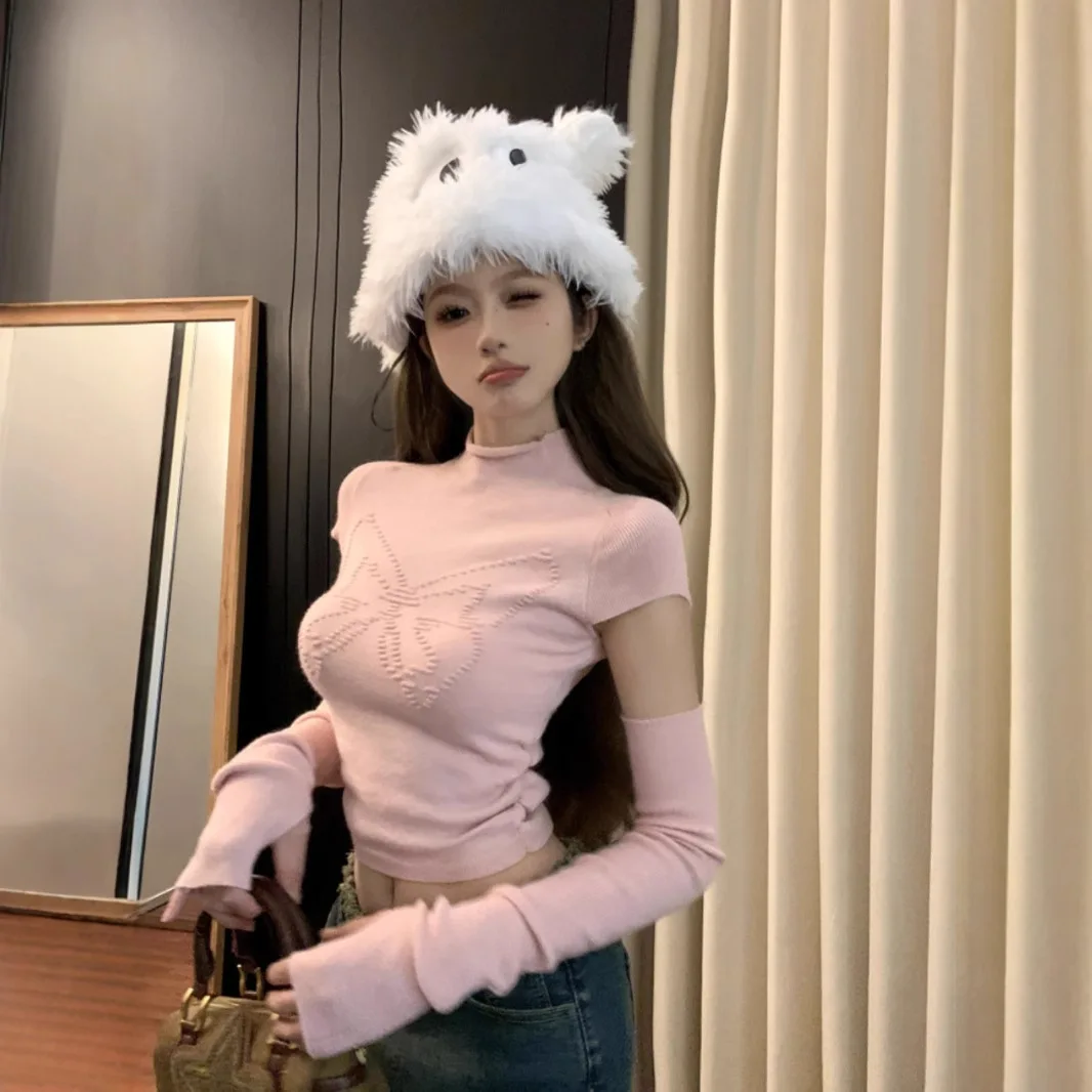 

Women's Charming Hot Girl Design Sense Butterfly Detachable Mock Neck Knit Top Base Layer Top