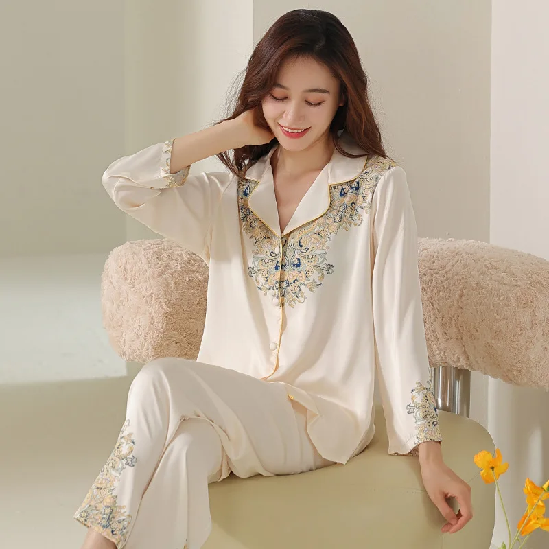 Ice Silk Pajamas Women Spring/autumn Long Sleeve Pants Cool Simple Ice And Snow Silk Satin Light Cooked Women's Pyjamas Sets