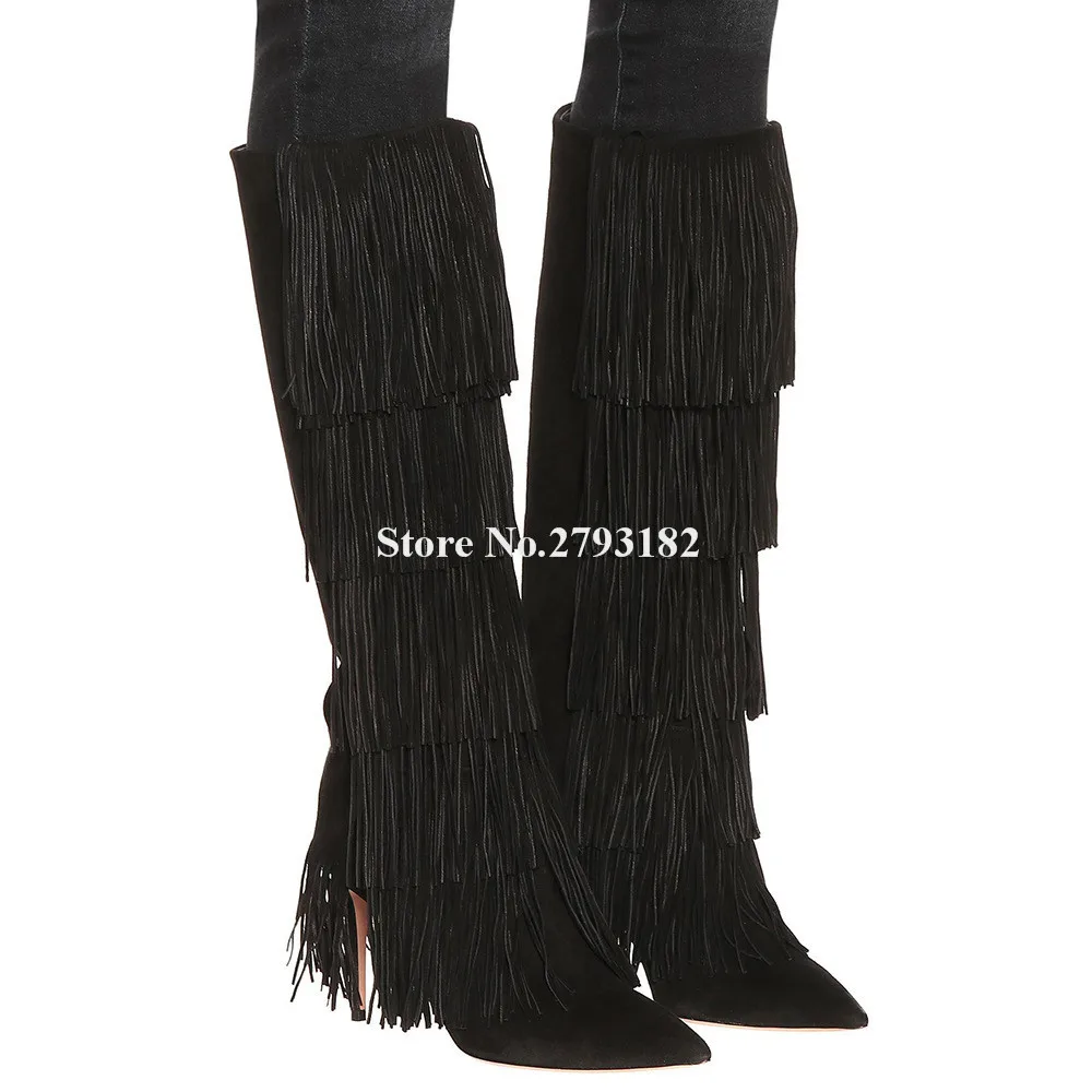 Black Suede Tassels Long Boots Newest Women Winter Charming Pointed Toe Suede Knee High Fringes Stiletto Heel Boots Big Size