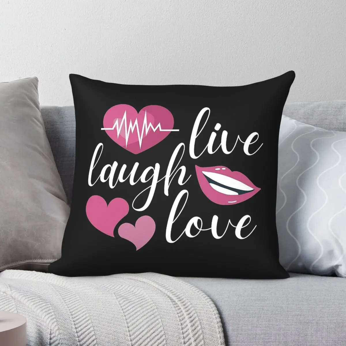 Live Laugh Love Hearts Square Pillowcase Polyester Linen Velvet Creative Zip Decorative Bed Cushion Cover