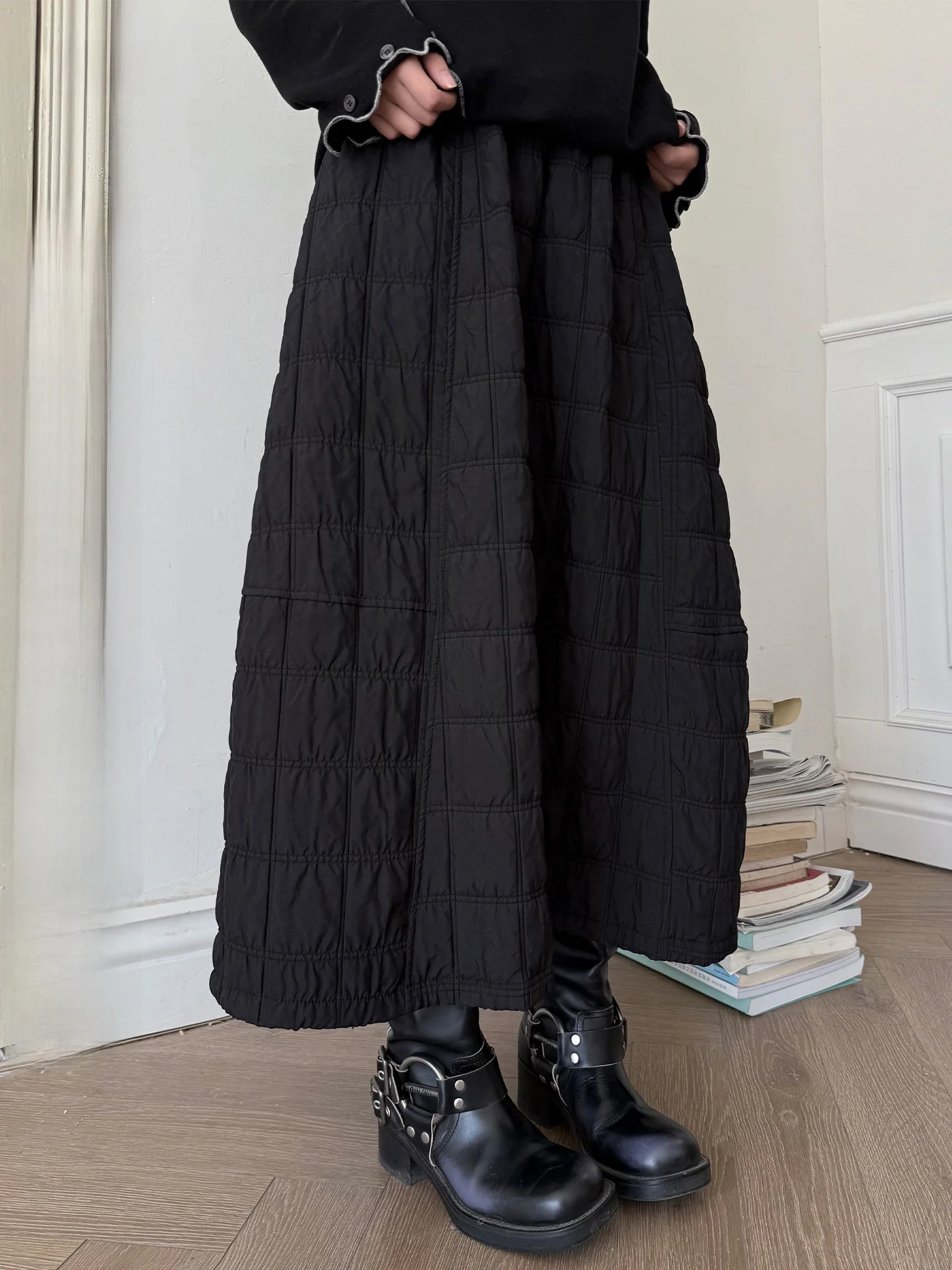Land And Mountain Island【Cloud Fuzz】Dark Series Double Quilted Cotton A-Line High Waist Slimming Half Skirt Casual Cotton