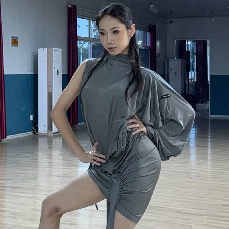 Falda de Rumba latina de una manga para mujer, ropa de Danza moderna para adultos, traje de baile latino Samba, traje de entrenamiento SL14501