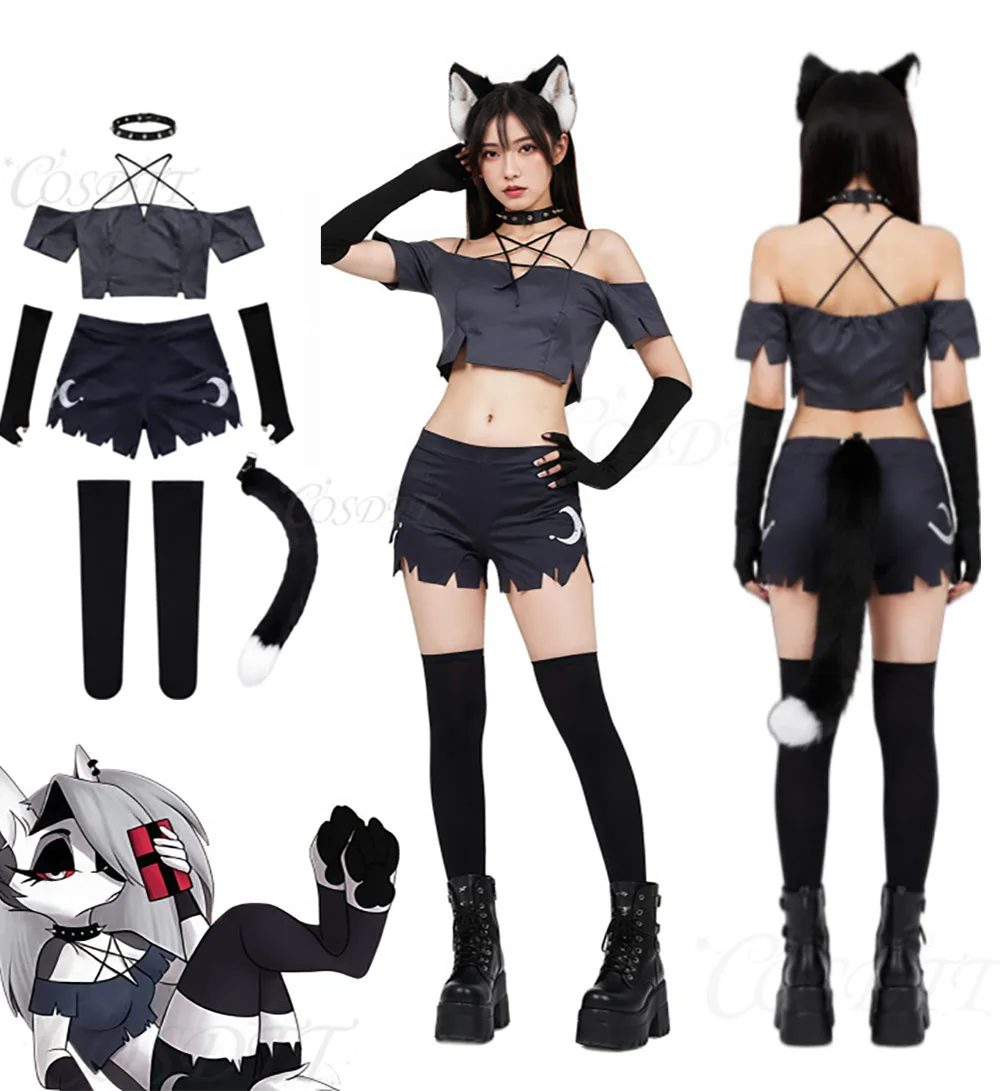 Anime Helluva cos Boss Loona Loony cosplay costume Toony women's neck vest shorts set black uniform set Halloween party costume