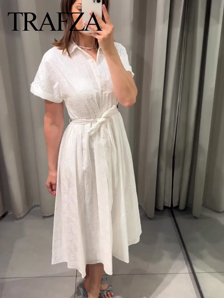 

TRAFZA Woman's Elegant White Long Dress Turn-Down Collar Short Sleeve Belt Single Breasted Summer Dress Woman 2024 Trendy TRAF