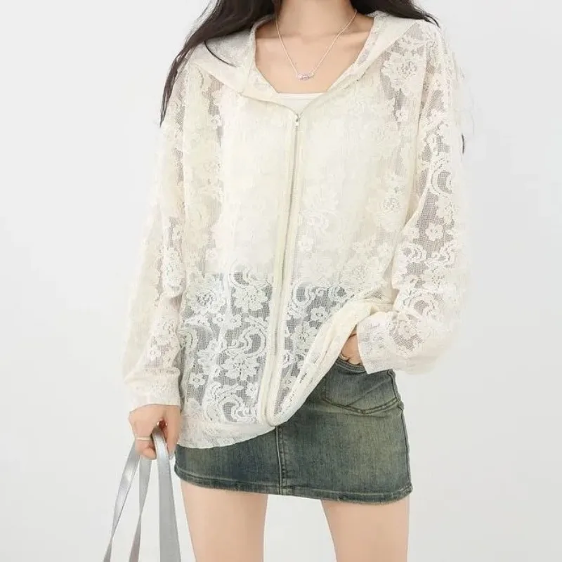 

Oversized Tops Temperament Coat Women's Clothing Hooded Lace Hollow Out Outwear Mujer Casual Summer Chic Jackets Zip Sweatshirt