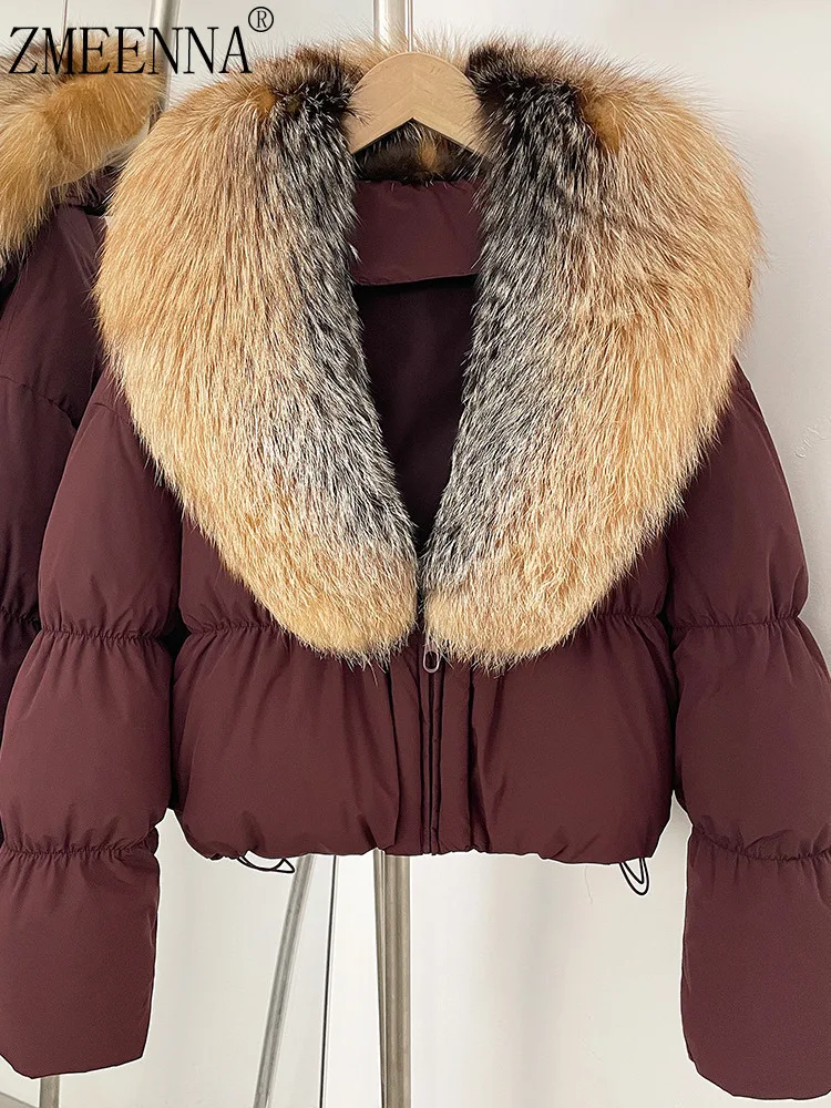 

ZMEENNA Womens Short Down Puffer Jacket Real Fur Collar Burgundy Winter Coat Bubble Sleeve Warm Outerwear Fashion ZM4326