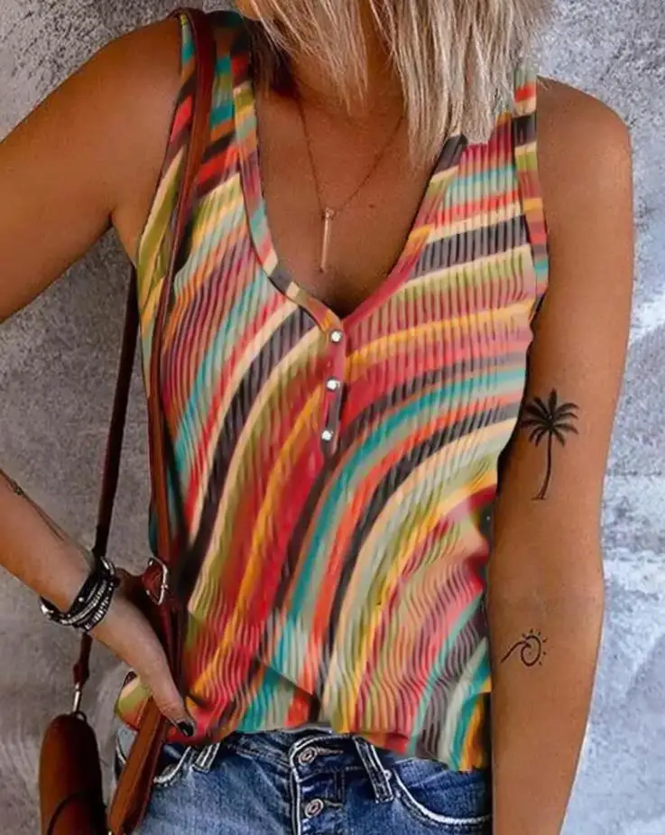 

Women's Tops 2024 Summer Casual Fashion Basic Striped Print Button Front V-Neck Sleeveless Straight Tank Top Street Trendsetters